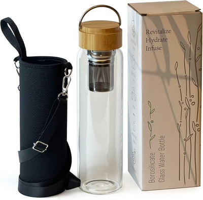 aecotea 32oz Tea Infuser Glass Bottle with Strainer, Bamboo Lid and Sleeve