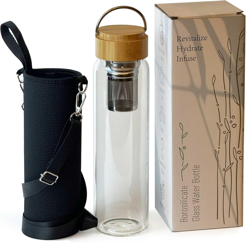 aecotea 32oz Tea Infuser Glass Bottle with Strainer, Bamboo Lid and Sleeve