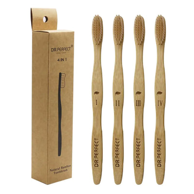 Bamboo Toothbrush Pack of 4 – Medium Soft, Natural Bristles, Biodegradable